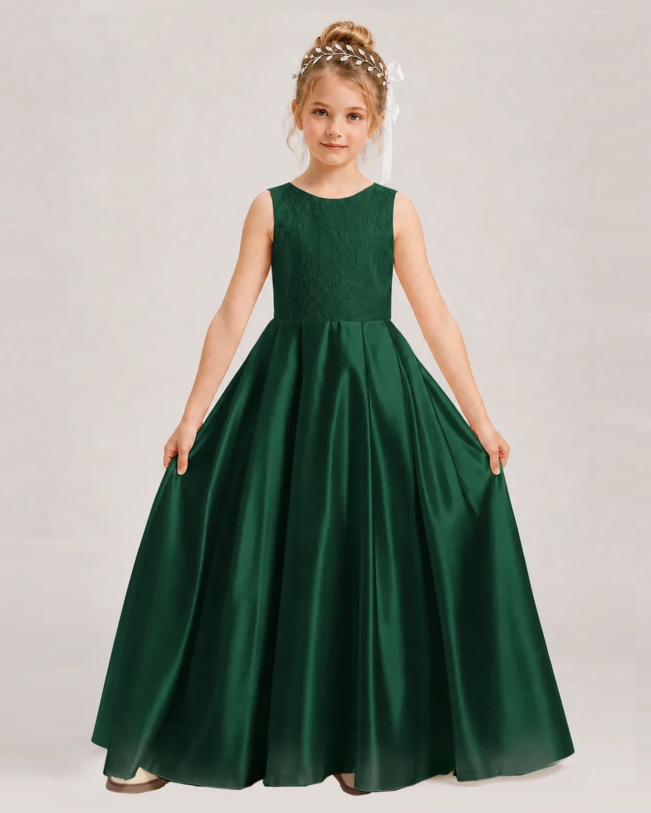 Dideyttawl White First Communion Dress | Sleeveless Lace Satin Ball Gown