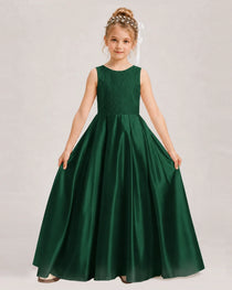 Dark Green Flower Girl Dress Sleeveless Lace Satin Ball Gown Front View