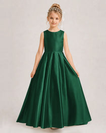 Dark Green Flower Girl Dress Sleeveless Lace Satin Ball Gown Front View