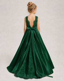 Dark Green Flower Girl Dress Sleeveless Lace Satin Ball Gown Back View