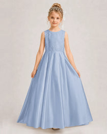 Dusty Blue Flower Girl Dress Sleeveless Lace Satin Ball Gown  Front View