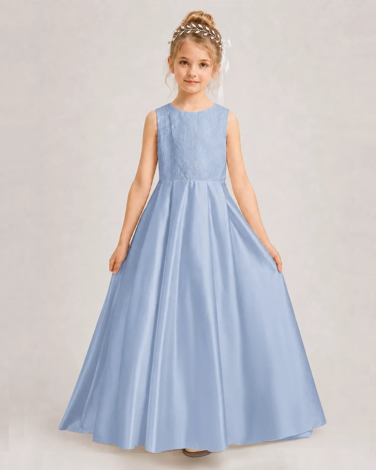 Dusty Blue Flower Girl Dress Sleeveless Lace Satin Ball Gown  Front View