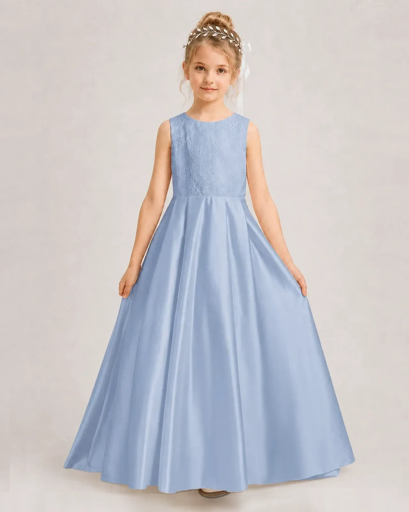 Dusty Blue Satin A-line First Communion Dress Front View