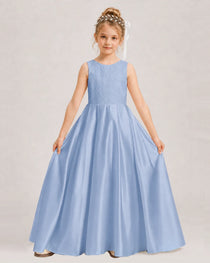 Dusty Blue Flower Girl Dress Sleeveless Lace Satin Ball Gown Front View