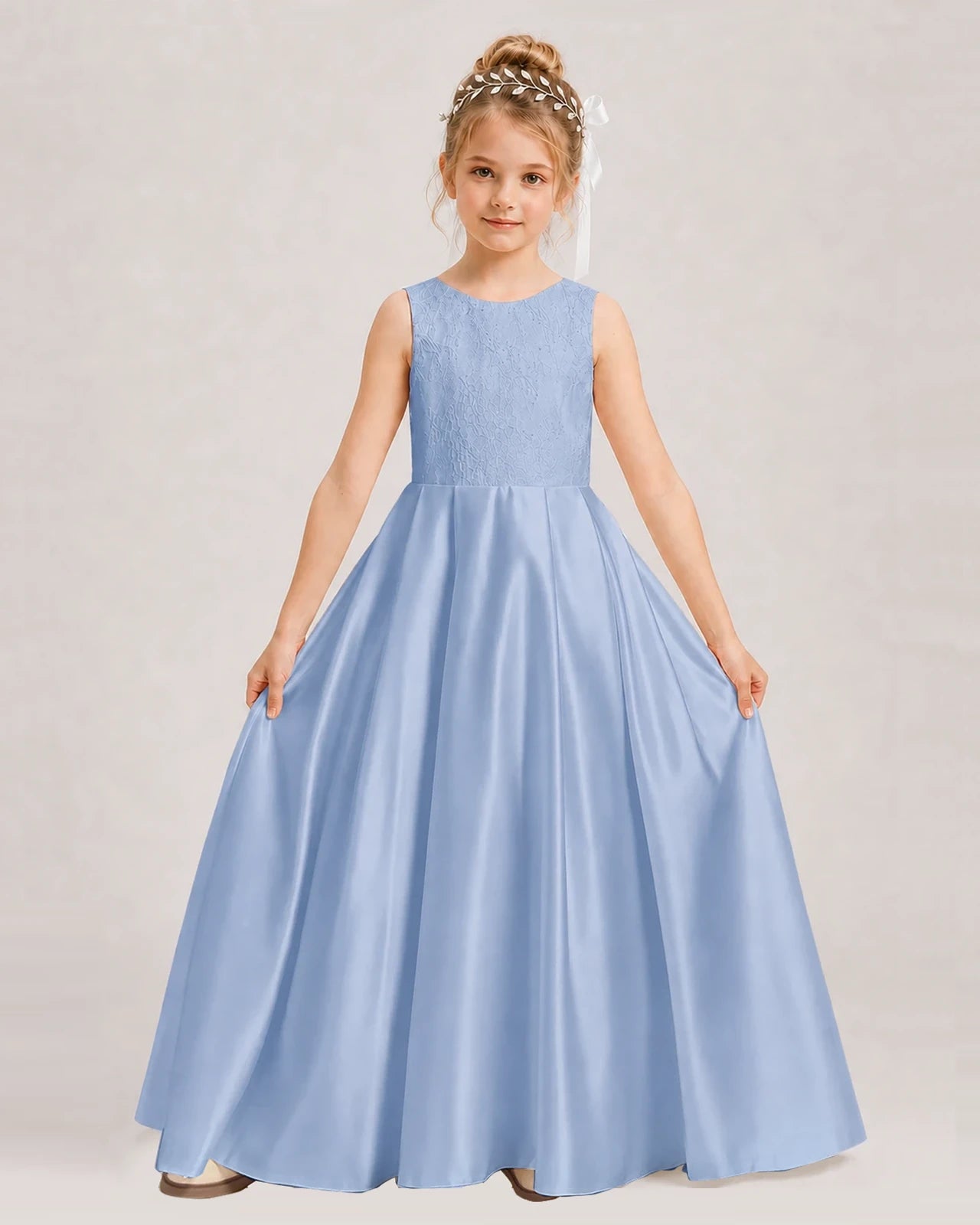 Dusty Blue Flower Girl Dress Sleeveless Lace Satin Ball Gown Front View