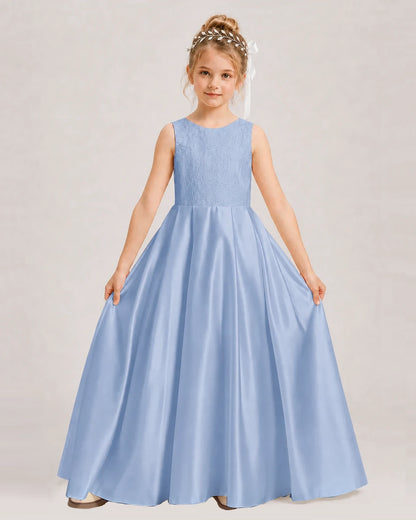 Dideyttawl White First Communion Dress | Sleeveless Lace Satin Ball Gown
