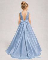 Dusty Blue Satin A-line First Communion Dress Back View