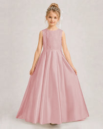Dusty Rose Flower Girl Dress Sleeveless Lace Satin Ball Gown Front View
