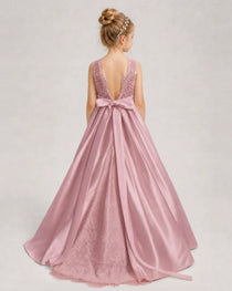 Dusty Rose Flower Girl Dress Sleeveless Lace Satin Ball Gown Back View