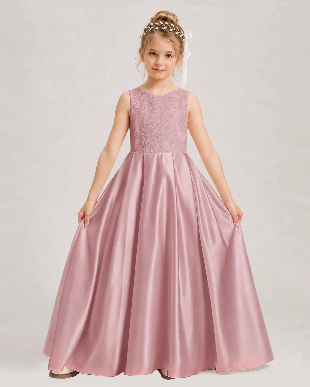 Dideyttawl White First Communion Dress | Sleeveless Lace Satin Ball Gown