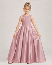 Dusty Rose Flower Girl Dress Sleeveless Lace Satin Ball Gown Front View