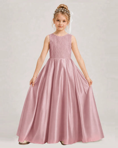 Dideyttawl White First Communion Dress | Sleeveless Lace Satin Ball Gown