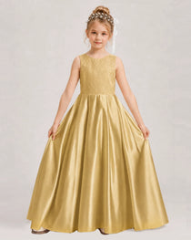 Gold Flower Girl Dress Sleeveless Lace Satin Ball Gown Front View