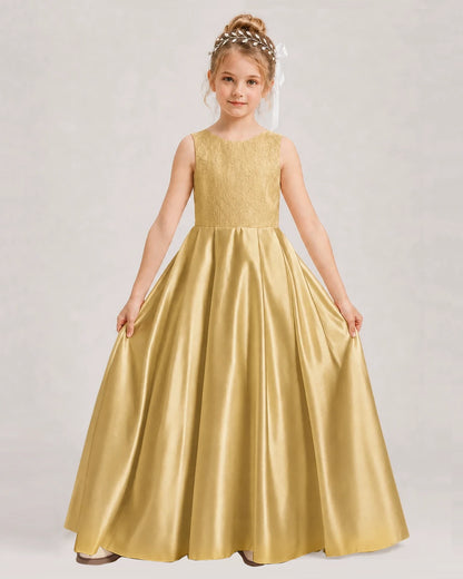 Dideyttawl White First Communion Dress | Sleeveless Lace Satin Ball Gown