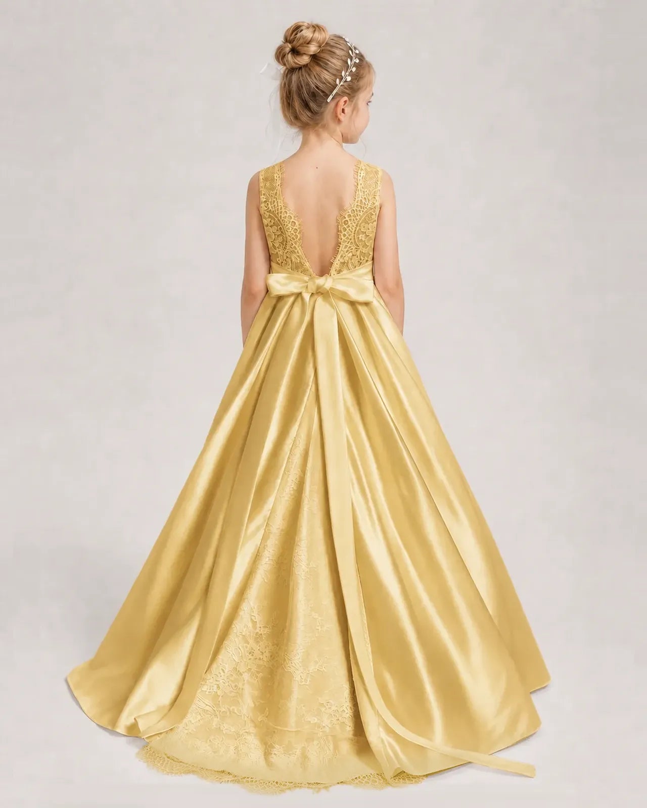 Dideyttawl White First Communion Dress | Sleeveless Lace Satin Ball Gown