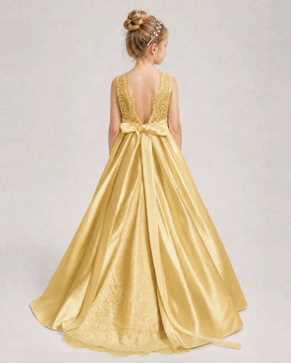 Dideyttawl White First Communion Dress | Sleeveless Lace Satin Ball Gown
