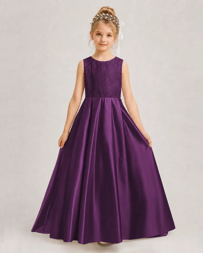 Dideyttawl White First Communion Dress | Sleeveless Lace Satin Ball Gown