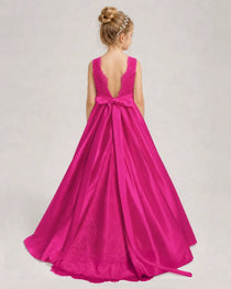 Hot Pink Flower Girl Dress Sleeveless Lace Satin Ball Gown Back View