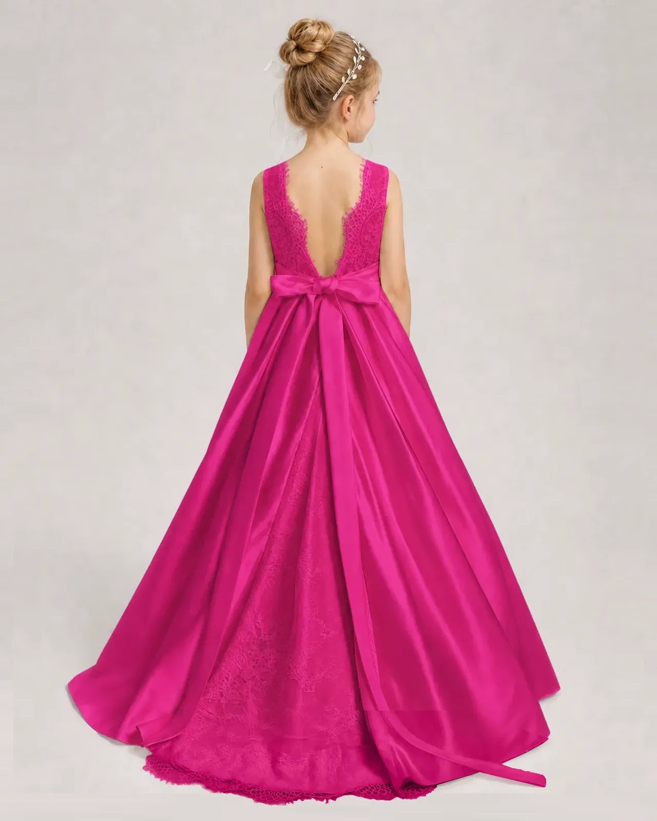 Hot Pink Flower Girl Dress Sleeveless Lace Satin Ball Gown Back View