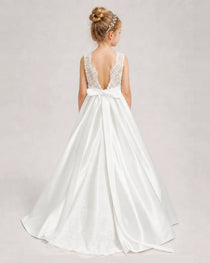 Ivory First Communion Dress Sleeveless Lace Satin Ball Gown Back View