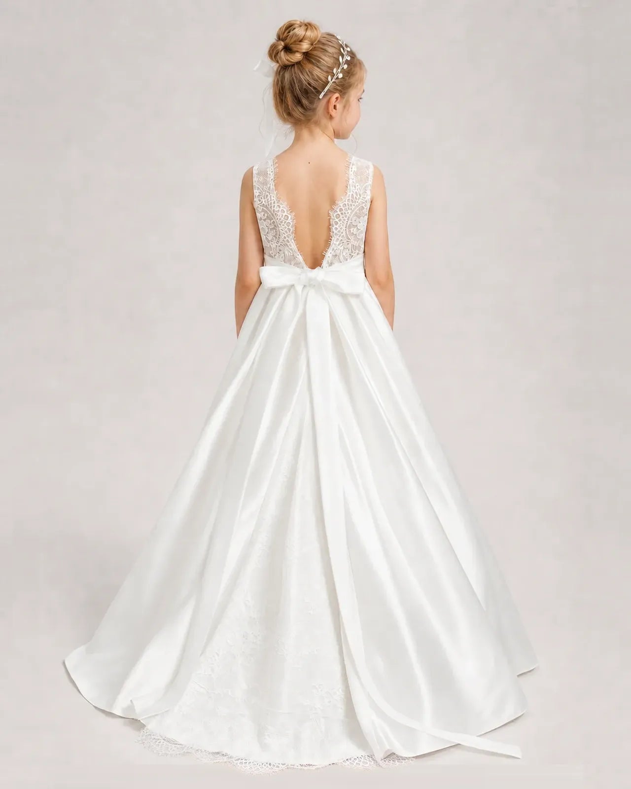 Ivory First Communion Dress Sleeveless Lace Satin Ball Gown Back View
