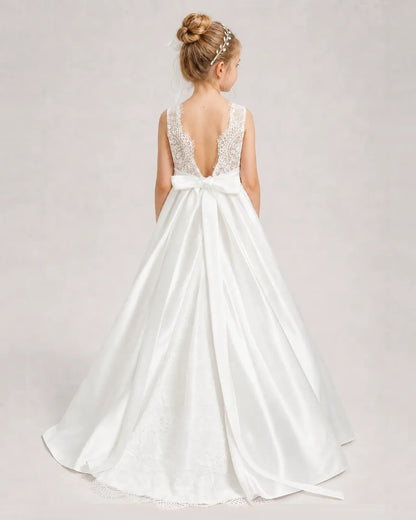 Dideyttawl White First Communion Dress | Sleeveless Lace Satin Ball Gown