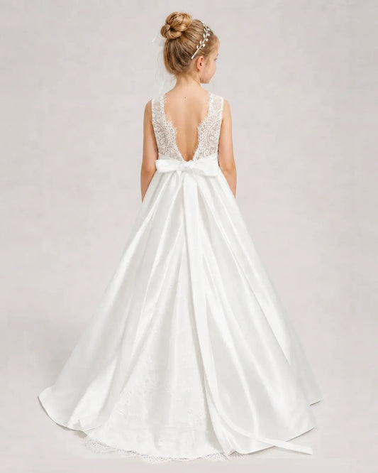 Ivory Satin A-line First Communion Dress Back View