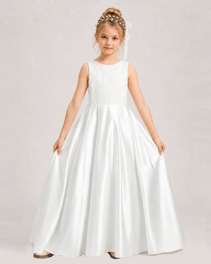 Dideyttawl White First Communion Dress | Sleeveless Lace Satin Ball Gown