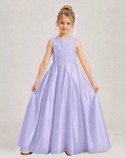 Dideyttawl White First Communion Dress | Sleeveless Lace Satin Ball Gown