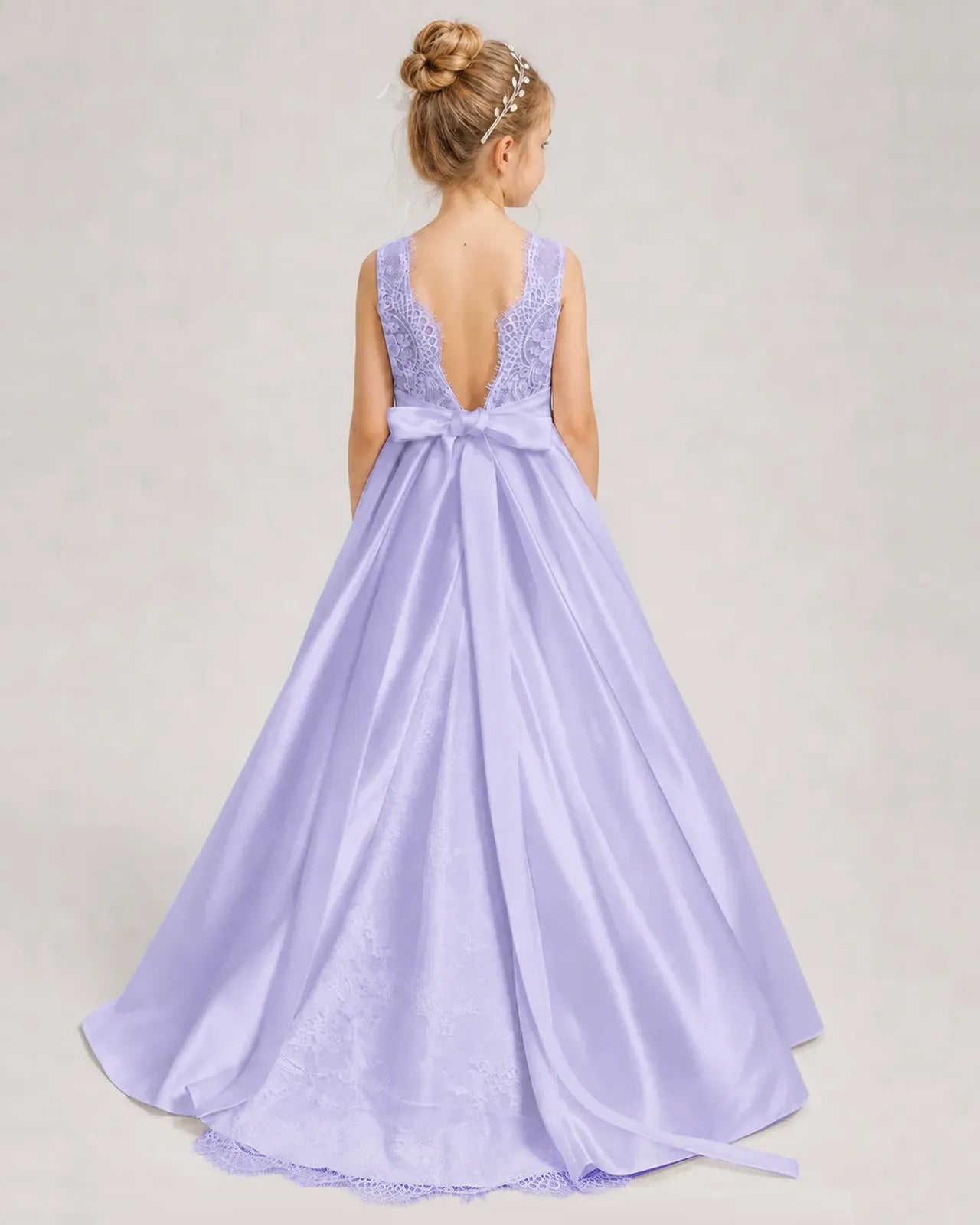Dideyttawl White First Communion Dress | Sleeveless Lace Satin Ball Gown