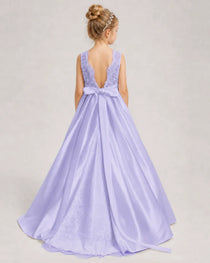 Lavender Flower Girl Dress Sleeveless Lace Satin Ball Gown Back View