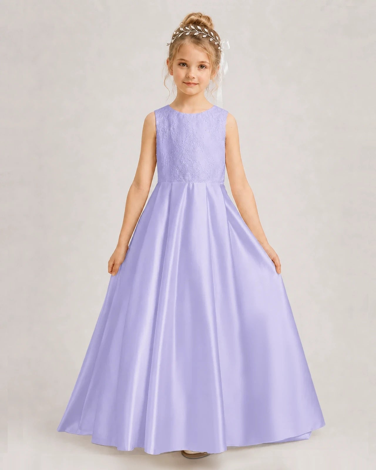 Dideyttawl White First Communion Dress | Sleeveless Lace Satin Ball Gown