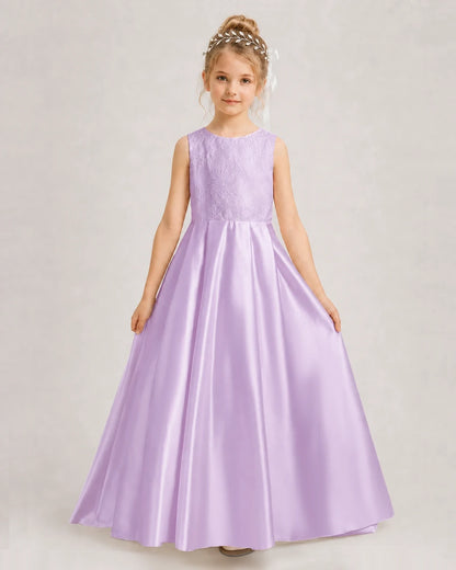 Dideyttawl White First Communion Dress | Sleeveless Lace Satin Ball Gown