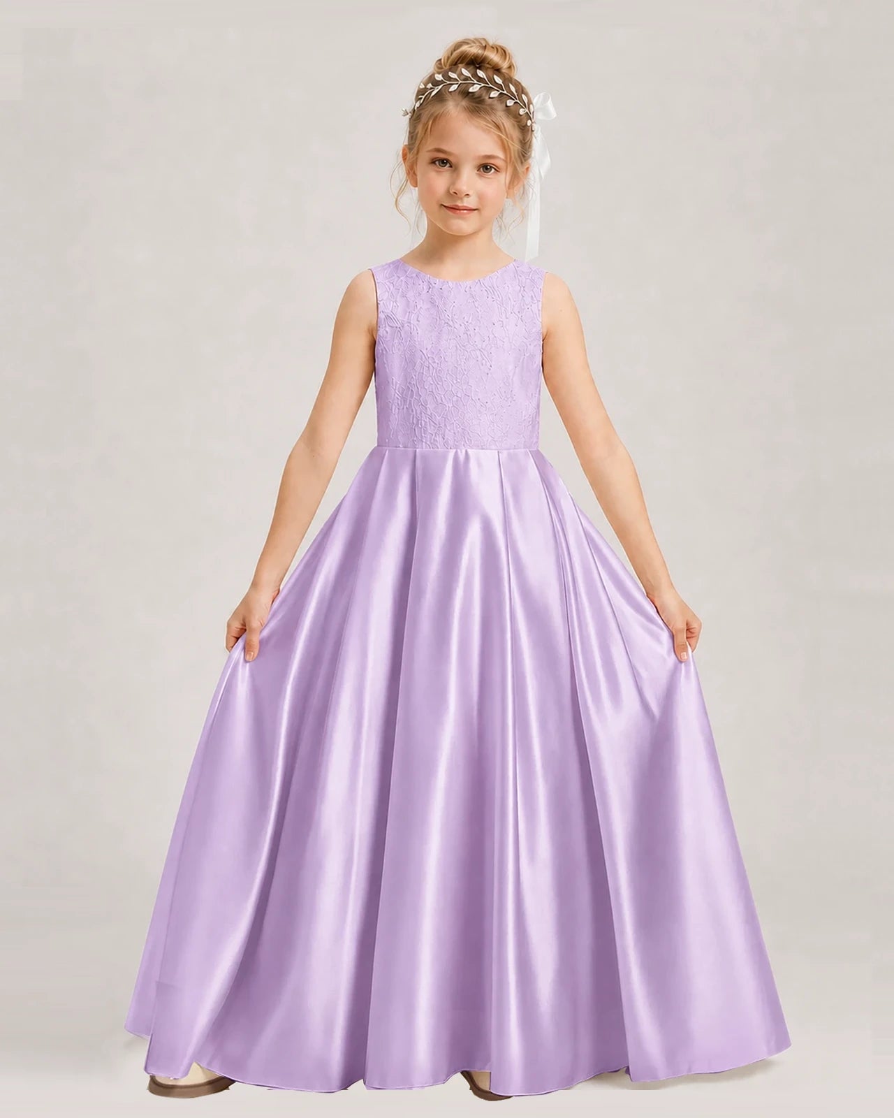 Dideyttawl White First Communion Dress | Sleeveless Lace Satin Ball Gown