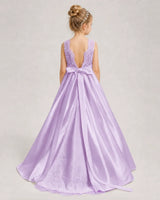 Lilac Satin A-line First Communion Dress Back View