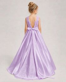 Lilac Flower Girl Dress Sleeveless Lace Satin Ball Gown Back View