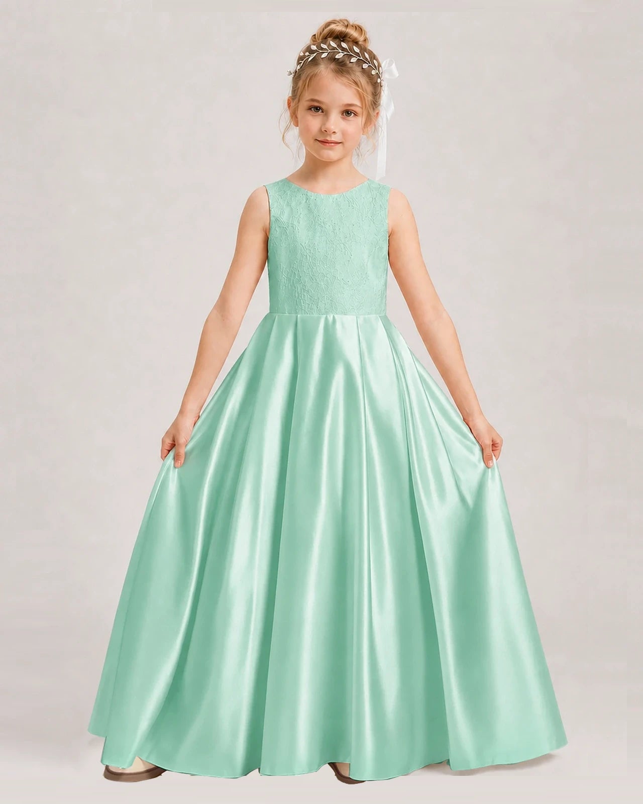 Dideyttawl White First Communion Dress | Sleeveless Lace Satin Ball Gown