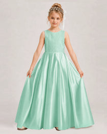 Mint Green Flower Girl Dress Sleeveless Lace Satin Ball Gown Front View