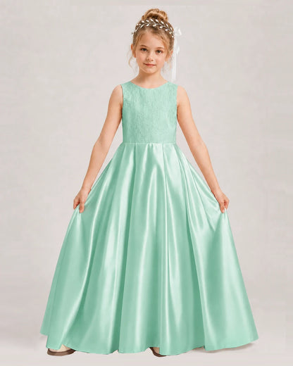 Dideyttawl White First Communion Dress | Sleeveless Lace Satin Ball Gown