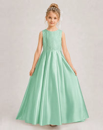 Mint Green Flower Girl Dress Sleeveless Lace Satin Ball Gown