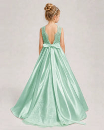 Mint Green Flower Girl Dress Sleeveless Lace Satin Ball Gown Back View