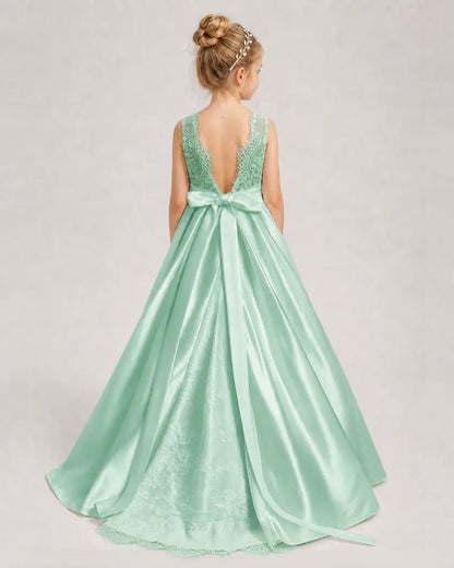 Dideyttawl White First Communion Dress | Sleeveless Lace Satin Ball Gown