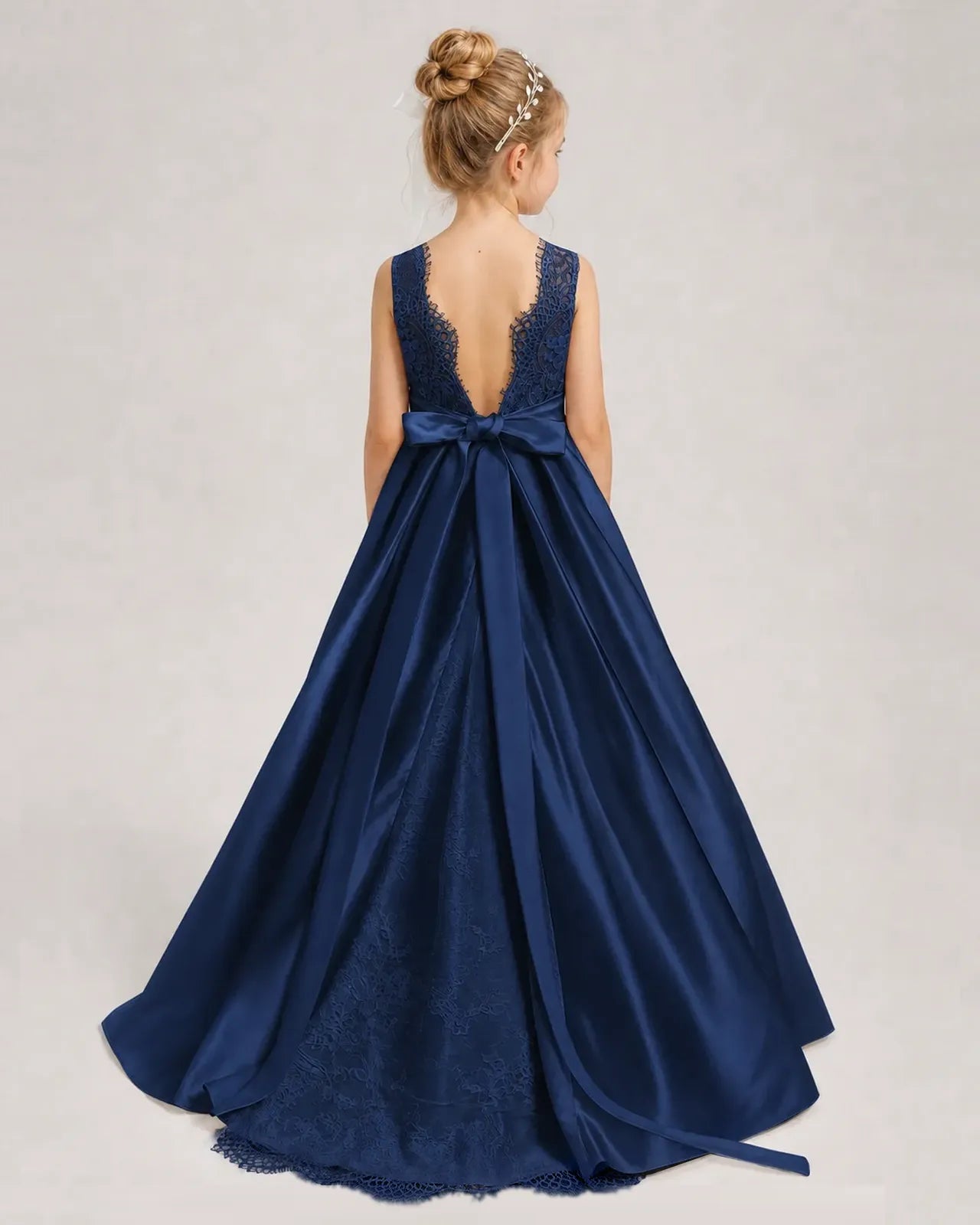 Navy Blue Flower Girl Dress Sleeveless Lace Satin Ball Gown Back View