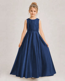 Navy Blue Flower Girl Dress Sleeveless Lace Satin Ball Gown Front View