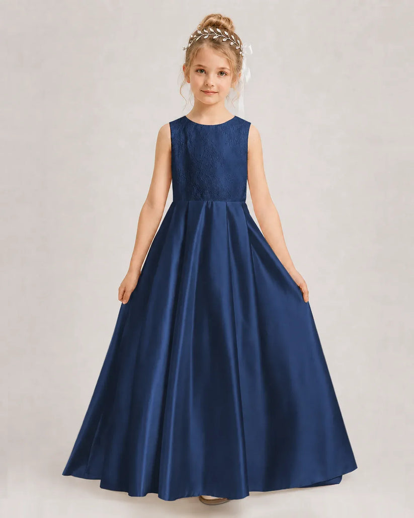Navy Blue Satin A-line First Communion Dress Front View