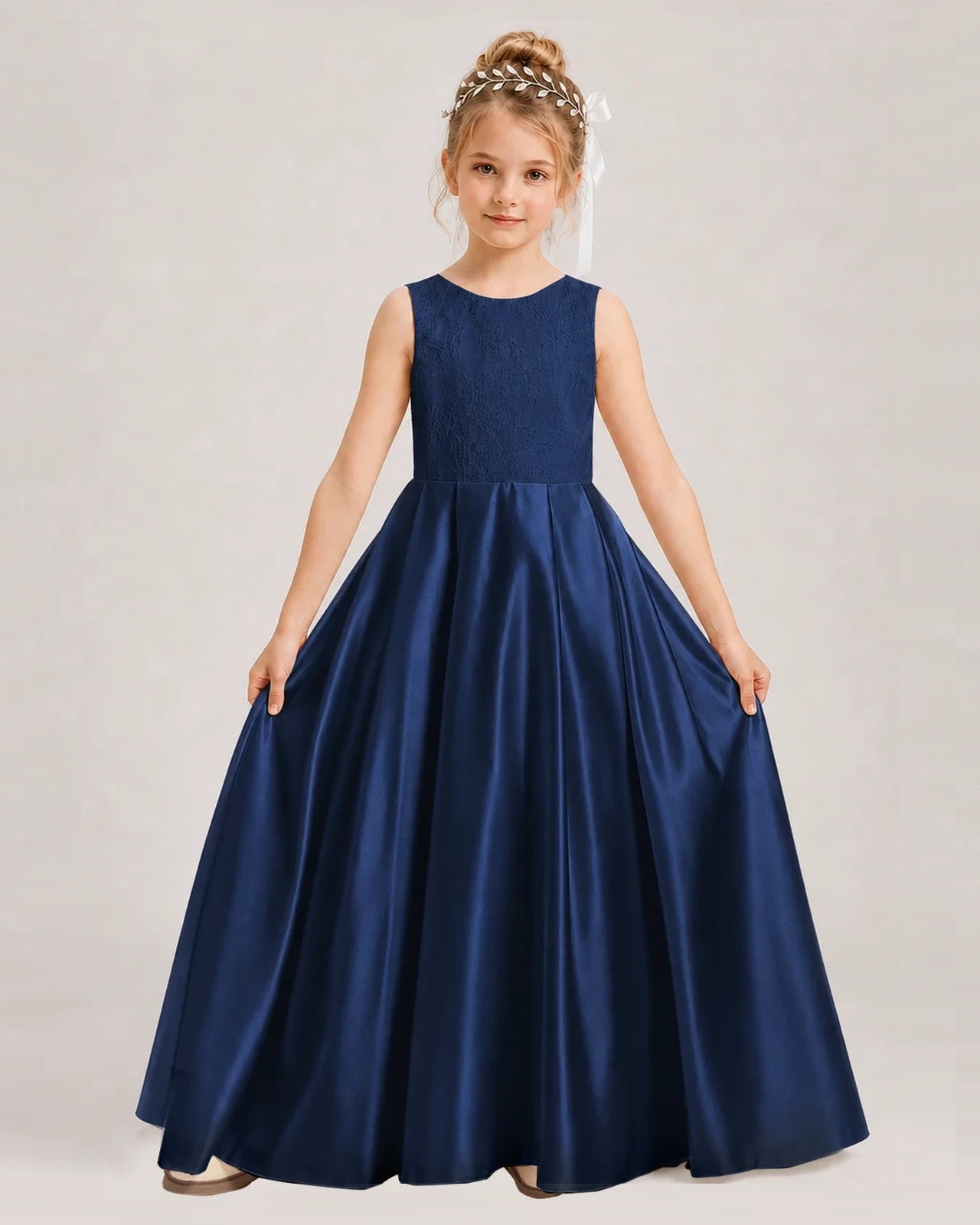 Dideyttawl White First Communion Dress | Sleeveless Lace Satin Ball Gown