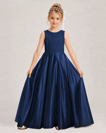 Navy Blue Flower Girl Dress Sleeveless Lace Satin Ball Gown Front View