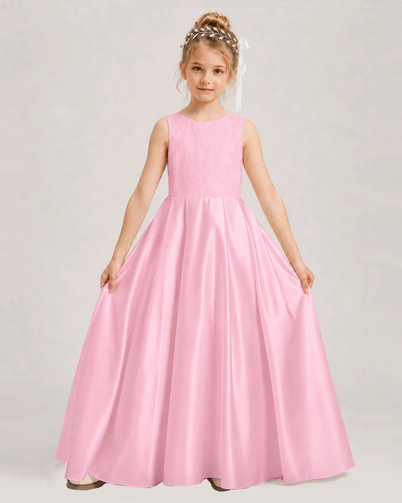 Pink Flower Girl Dress Sleeveless Lace Satin Ball Gown Front View