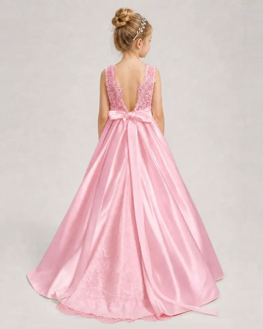 Pink Satin A-line First Communion Dress Back View