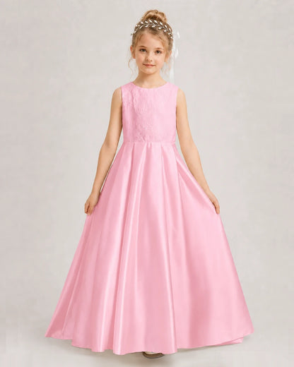 Dideyttawl White First Communion Dress | Sleeveless Lace Satin Ball Gown
